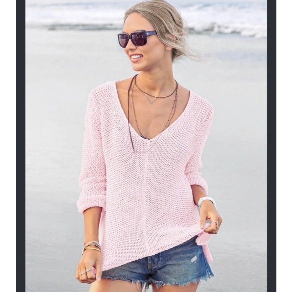 Wooden Ships MAUI V CHUNKY COTTON Blend Loose Knit Sz S/M Pink Pullover Sweater